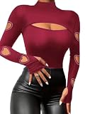 VKEGNIO Rhinestone Heart V Neck Shirts Womens Funny Heart Printed Pattern Pullover Casual Loose Long Sleeve Tunic Shirt Tops（XX-Large, Red
