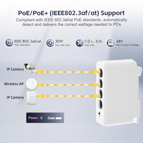 Image of 4 Port PoE Extender, 1 in 3 Out PoE+ Switch, 10 /100Mbps, IEEE 802.3 af /at 30W, Wall and Din Rail Mount YuLinca POE Passthrough Switch