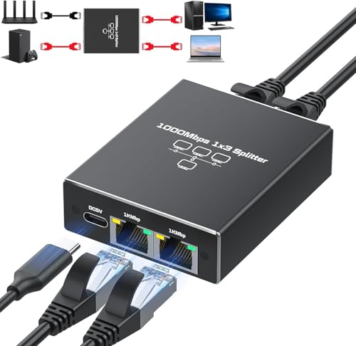 Oliveria LAN Splitter 1 auf 3 1000Mbps Ethernet Splitter LAN Switch 3 Port Mit Type-C-Netzkabel Gigabit Switch für Computer, Hub, Switch, Router, Set-Top Box, Digital TV, et