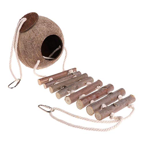 ZHER-LU Natuurlijke kokosnootschaal, vogelnest, hout, stro, ladder, speelgoed voor vogels, papegaaien, zittafels… - Afbeelding 7