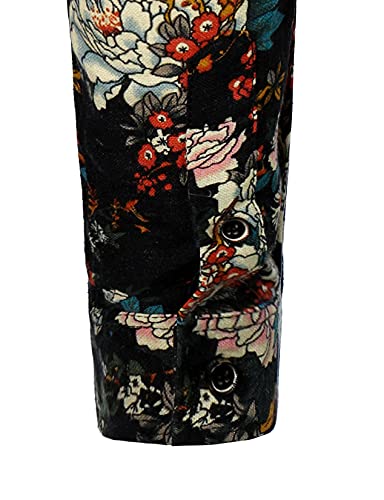 Lucmatton Men's Cotton Linen Stylish Floral Long Sleeve Dress Shirt Casual Flower Printed Button Up Slim Fit Shirt Black White X-Large #TOP5