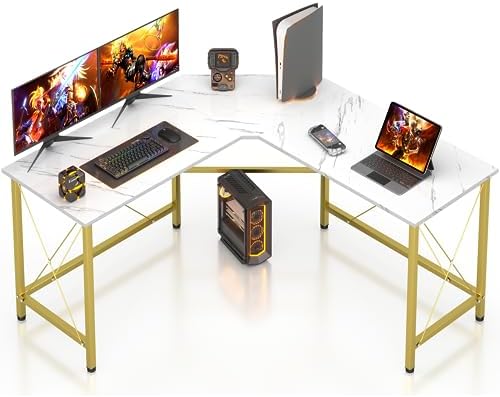Mr IRONSTONE L Shaped Desk, 59″ Computer Gaming Desk, Corner Desk for Home Office Desks, Modern Computer Writing Desk with Large Desktops, Easy to Assemble & Space-Saving Desk – Marble White