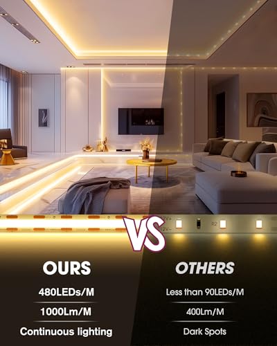 Image of EMITEVER COB LED Strip Lights Kit Warm White with Remote & 24V Power Supply,16.4ft Dimmable Tape Light 3000K, High Density 2400LEDs, 305+LM /FT, CRI90+, Suitable for Bedroom Kitchen Cabinet Lighting