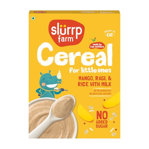 Image of Slurrp Farm No Added Sugar Instant Cereal | Ragi, Rice and Mango with Milk | Free Strawberry Cereal Trial Pack | 200g + Free 50g