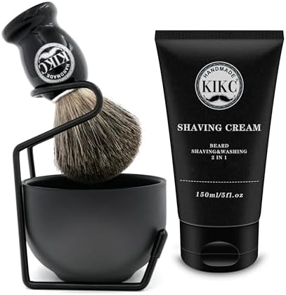 Handmade shaving kit for men,5 in 1 Shaving kit Include Pure Badger Shaving Brush, Stainless Lathering Bowl, Shave Brush Stand, Shaving Cream, Shave Manual, Best Gift for Bearded Man,Black