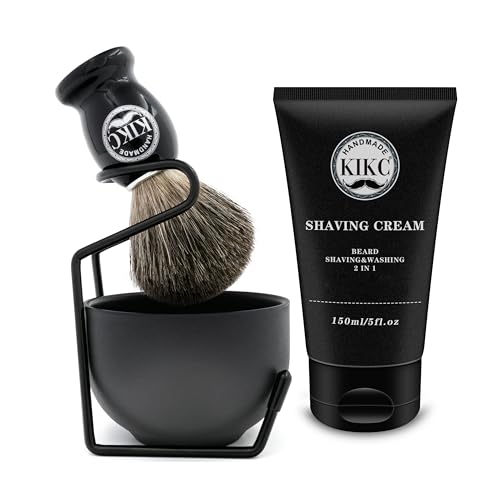 KIKC 5 in 1 Shaving Kit for Wet Shave, Set Includes Hand Crafted Pure Badger Shave Brush, Stainless Steel Lathering Soap Bowl, Shave Brush Stand, Shaving Cream, Best Gift for Bearded Man, Deluxe Black