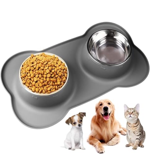 Mumoo Bear Double Dog Bowls Medium 400ml/Bowl Non Slip with Silicon Tray Mats - Stainless Steel Pet Water & Food Feeding Anti-overflow for Medium Pets
