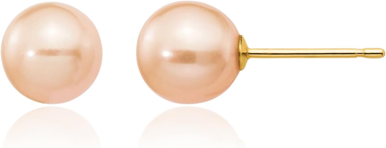 IceCarats 14K Solid Yellow Gold 6mm Freshwater Pink Pearl Medium Stud Earrings Prong Set, Butterfly Back For Her
