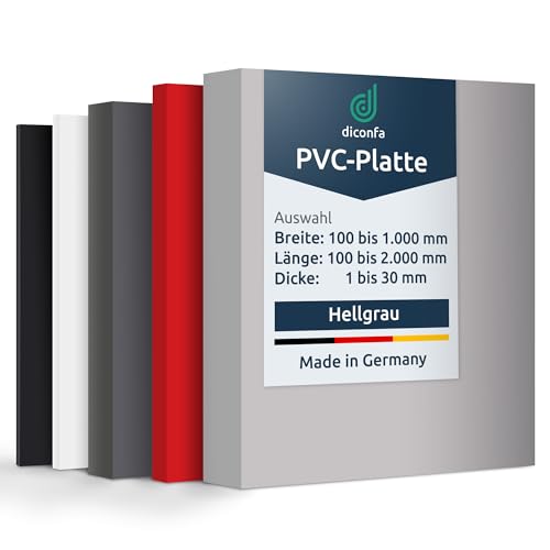 diconfa PVC Kunststoffplatte hellgrau NACH MAß - 2 bis 30mm stark - Auswahl: 100 x 200mm (10 x 20cm), 15mm dick - hart seidenmatt - porenlos glatte Oberfläche - Platte maschinell gefertig