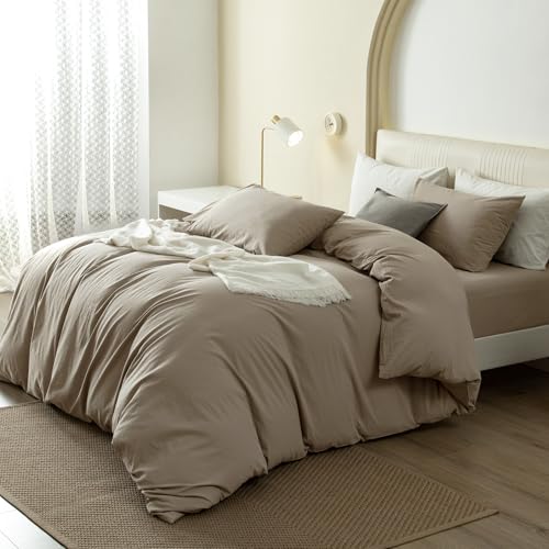 JIYUAN 100% Washed Cotton Duvet Cover Set 3 Pieces Super King, 1 Duvet Cover 108x98 Inches(Comforter Not Included) and 2 Pillowcases,Linen Feel Bedding Set Comfy and Breathable,Khaki