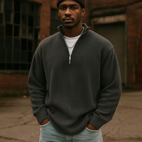 Mokaloha Mens Shirts - Mokaloha Shirts for Men, Men's Simple Casual Ribbed Stand Collar Zipper Long Sleeve T-Shirt2