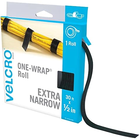 VELCRO Brand VEL-30765-AMS Extra Narrow Straps 1/2 in x 30ft Roll | Cut to Length Reusable Self-Gripping Tape | Organize and Bundle Electric Cords, Ropes, Cable Management Solutions, Wire Ties | Black Cover