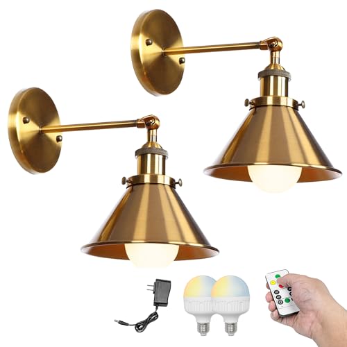 Image of Kiven Battery Operated Wall Sconces Set of 2,Vintage Wall Lights with Rechargeable Bulb, Dimmable Wall Lighting Fixtures for Painting Bedside Vanity Desk, Gold Finish