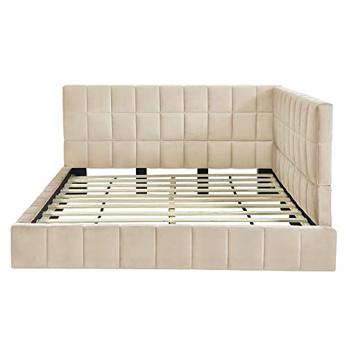 Deinppa Full Sofa Bed Frame With Storage, Upholstered Daybed, L-Shape Daybed, Velvet Fabric, No Box Spring Needed-Beige #TOP3