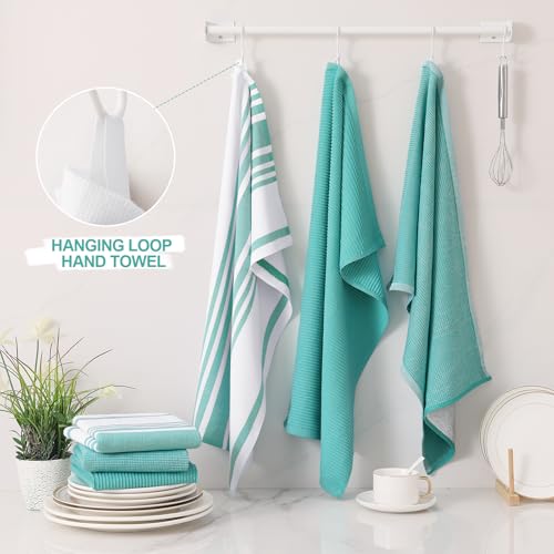 Image of Homaxy Premium Kitchen Towels(18 inchx 28 inch, 12 Pack), Large Cotton 380 GSM Kitchen Hand Towels, Soft and Absorbent Terry Dish Towels, Multipurpose Tea Towel Set with Hanging Loop, Teal