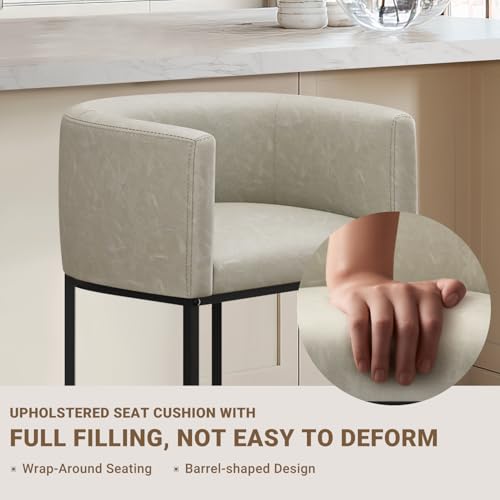 Image of 26 inch H Counter Height Bar Stools Set of 2, Modern Barrel Counter Stools with Backrest and Arms, Faux Leather Upholstered Accent Barstools for Kitchen Island,Support 450 LBS (Grayish White)