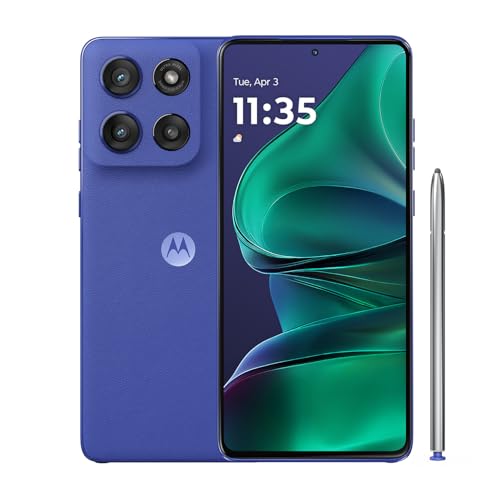 Motorola Moto G Stylus 2025 smartphone with 8GB RAM, 256GB storage, blue design, featuring triple rear cameras and stylus pen, showcasing display with time and date.