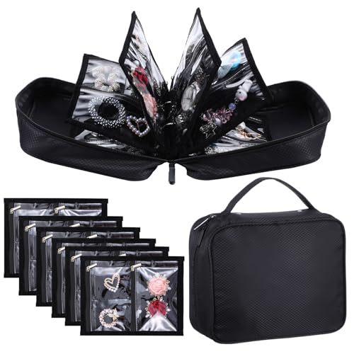 Black Travel Jewelry Organizer Case,Jewelry Bags Jewelry Storage Book Binder with Clear Zipper Velvet Pouch for Traveling,Earrings, Rings, Necklace, Bracelet