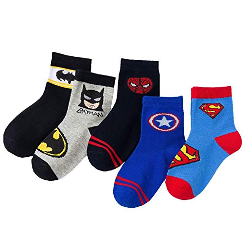 5 Pairs Boys Socks Kids Superhero Adventures Spiderman Captain America Superman Batman Athletic Crew Socks1-9 Years Old Kids (4-6)