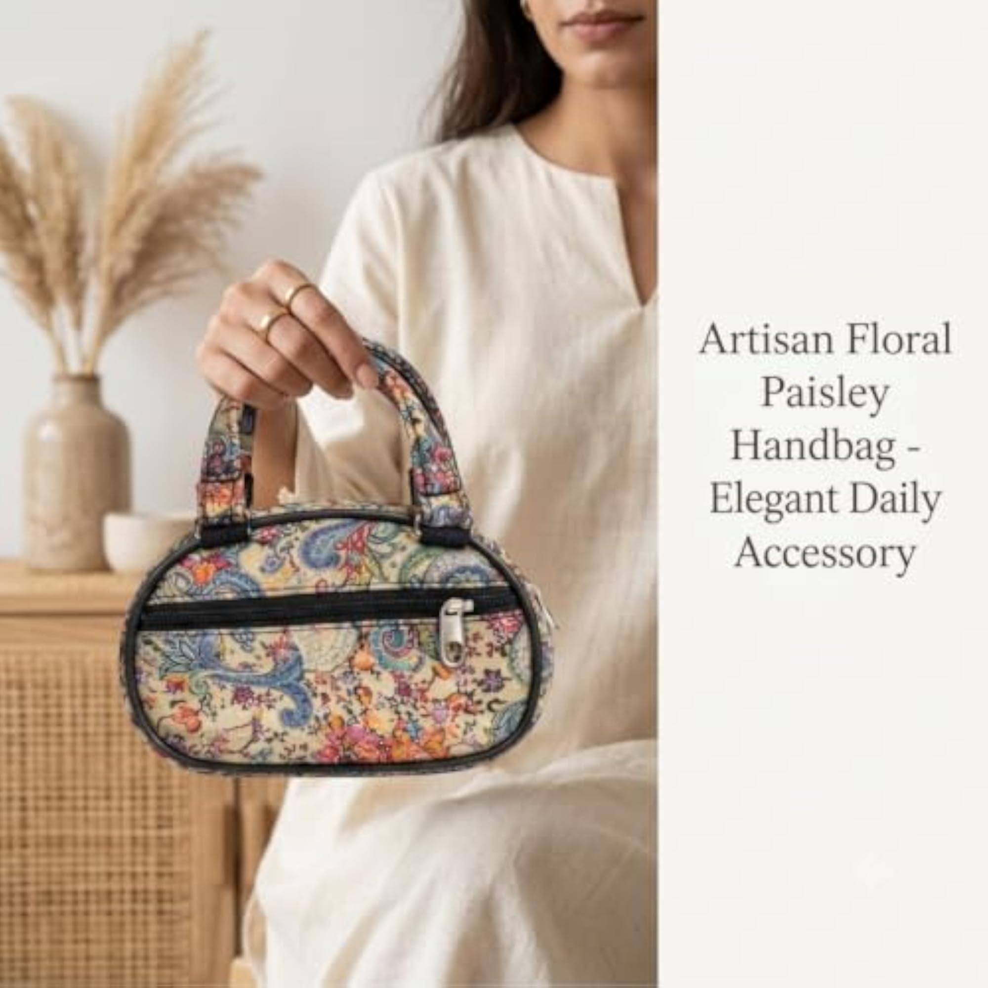 Women's Printed Cotton Mini Handbag Zip Closure Ethnic Purse