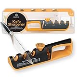 HSQUARE Knife Sharpener for Kitchen – 4-in-1 Manual Sharpener with Adjustable Angle Guide | Pull Through Professional Knife Sharpeners for Kitchen Knives, Scissors, Chef & Pocket Knives