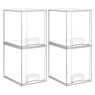 Vtopmart 7.6" H Clear Stackable Storage Drawers, 4 Pack Plastic Organizers Bins for Skincare, Cosmetics,Beauty Supplies,Ideal for Vanity, Bathroom,Kitchen Countertop,Cabinet Organization