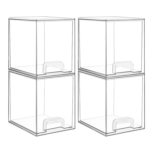 Vtopmart 7.6" H Clear Stackable Storage Drawers, 4 Pack Plastic Organizers Bins for Skincare, Cosmetics,Beauty Supplies,Ideal for Vanity, Bathroom,Kitchen Countertop,Cabinet Organization
