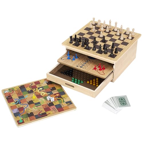 MISTER GADGET - MG3477 Coffret 10 Jeux de Société en Bois - Échecs - Dame - Petits Chevaux - Jeu de l’Oie - Échelle et Serpent - Solitaire - Backgammon - Dame...