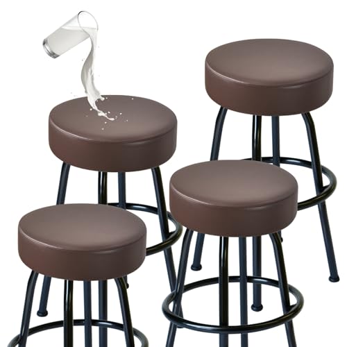 FUANGUI Bar Stool Covers Round Set of 4, Waterproof PU Bar Stool Seat Covers with Elastic Bands,Bar Stool Chair Covers Washable Stool Slipcover for 16-18 Inch - Coffee