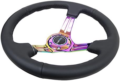 NRG Innovations NRG-RST-018R-MCBS Reinforced Steering Wheel 350mm 75mm Deep Sport Steering Wheel Leather (3" Deep) Black Stitch With Slits In Neochrome Double Riveted Spokes