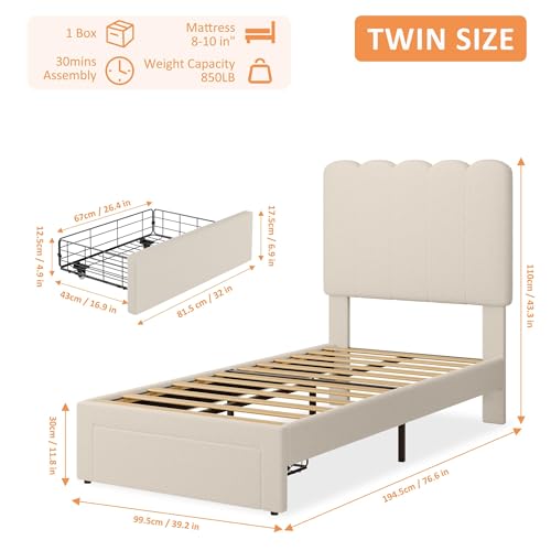 GarveeHome 2 Sets Twin Bed Frame with Under-Bed Drawer, Upholstered Platform Bed with Wave Headboard for Kids/Girls, Wooden Slats Support, No Box Spring Needed, Boucle Beige