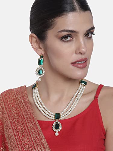 Image of Peora Crystal Faux Pearl Kundan Necklace & Jewellery Set Gift for Women