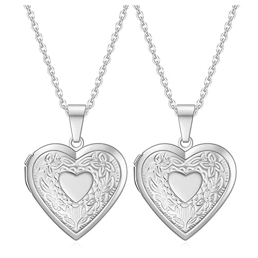 Liitata 2 Stück Öffnen Medaillon Halskette Foto Bilder Herz Halskette Edelstahl Blumen Muster Herzanhänger Amulett für Mutter Freundinnen Mädchen Geburtstags Geschenk Souvenir - Silber