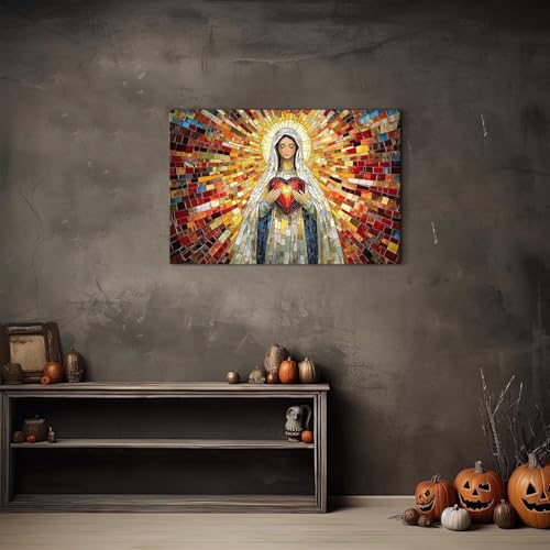 Image of Abstract Stained Glass Virgin Mary Canvas Wall Art for Bedroom Christian Wall Decor Religious Sacred Heart Painting Modern Aesthetics Posters Framed Artwork for Living Room Bathroom Decorations 16x24 inch