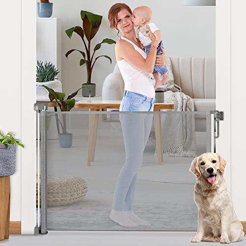 Retractable Baby Gates Grey Mesh Safety Dog Gate 35" Tall, Extends to 65" Wide, Extra Wide Indoor Outdoor Fabric Pet Gate for Stairs, Doorways, and More