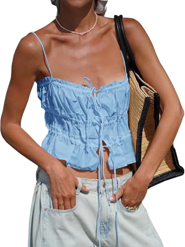Image of Tankaneo Womens Summer Tie Front Crop Tops Cute Ruffle Ruched Spaghetti Strap Tank Tops Y2K Going Out Shirts