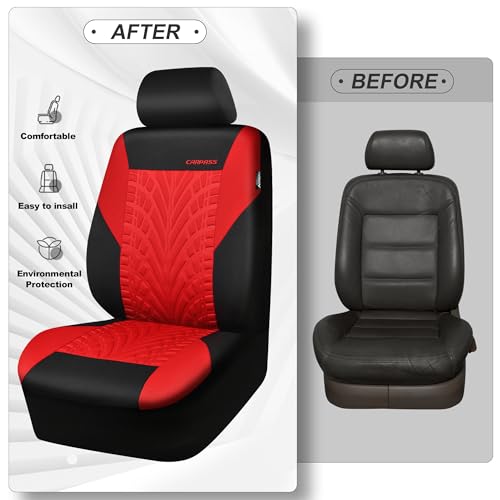 Image of CAR PASS Car Seat Covers Full Sets, Front & Split Rear Bench for Car, 3D Tyre Embossed Automotive Interior Covers, Airbag Compatible, Quick Setup Universal Fit Seat Covers for Car, SUV(Black Red)