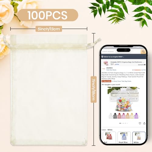 Image of ANZNKU 100 Pack Ivory Organza Bags 5x7 In, Small Mesh Gift Bags Bulk with Drawstring for Jewelry Candy Sachet Soap, Goodie Pouches for Wedding Baby Bridal Shower & Birthday Party Favors