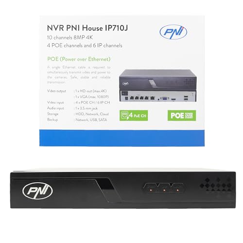 NVR PoE PNI House IP710J, 10 Canales 4K 8MP, 4 Canales PoE y 6 Canales IP, Negro