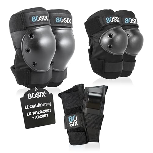 80SIX Kinder & Erwachsene Knieschoner, Ellenbogenschoner und Handgelenkschoner – [6er] Protektoren Set Schutzausrüstung für Skateboard, Scooter, Rollschuhe, Inliner & Longboard, Schwarz S/M