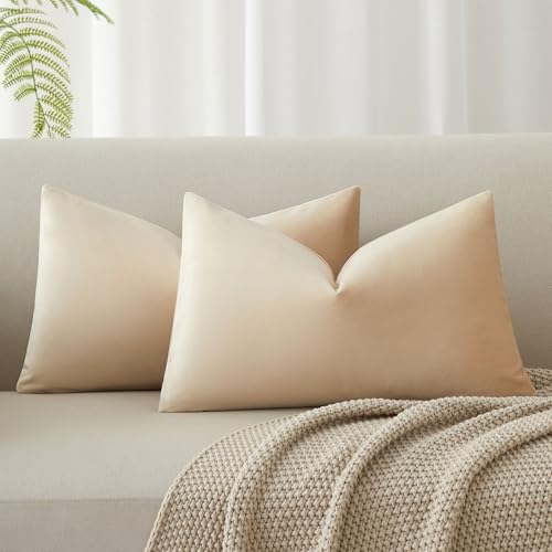 Image of JUSPURBET Decorative Pillow Covers Set of 2 Velvet Throw Pillow Covers for Couch Sofa Bed Soft Lumbar Cushion Covers with Hidden Zipper for Living Room Home Decor,Khaki,14x24 inch