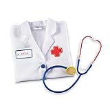 Incluye una bata de médico, una etiqueta para el nombre que puede borrarse y un estetoscopio de juguete