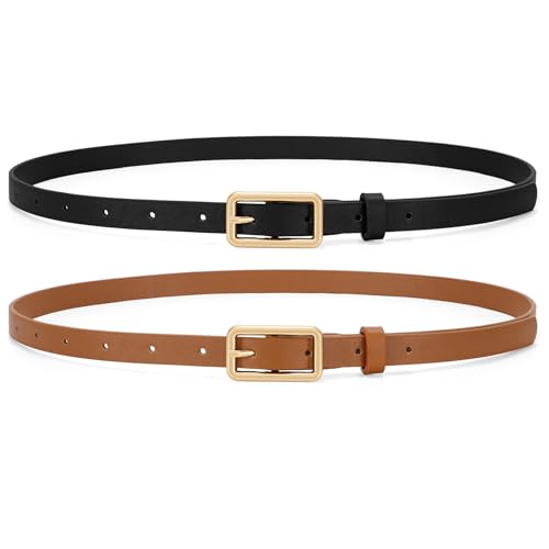 WHIPPY 2 Pack Women Skinny Leather Belts Ladies Thin Waist Belt for Jeans Pants Dresses Rectangle Gold Buckle Black Belt