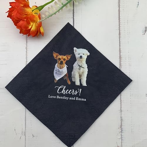 50pcs Personalized Pet Photo Wedding Cocktail Napkins, Custom Dog Napkins Wedding, Cat Disposable (unfolded 10\" x10\") Bar Party Paper beverage for Birthday Graduation Luncheon Dinner Christening