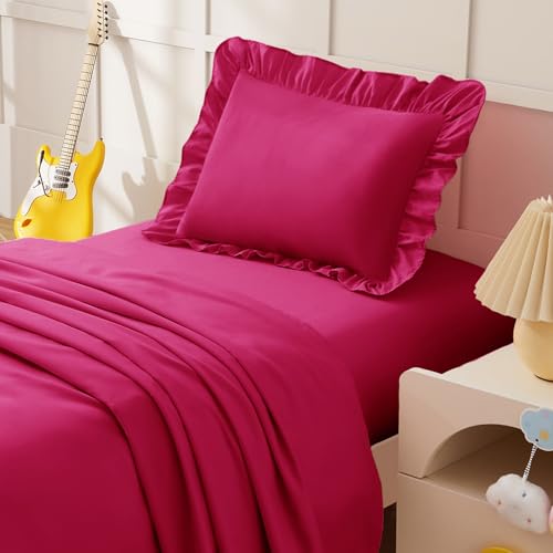 Image of KKJIAF 3 Piece Toddler Sheet Set Microfiber, Includes a Flat Sheet, a Fitted Sheet and a Ruffle Pillowcase, Hot Pink