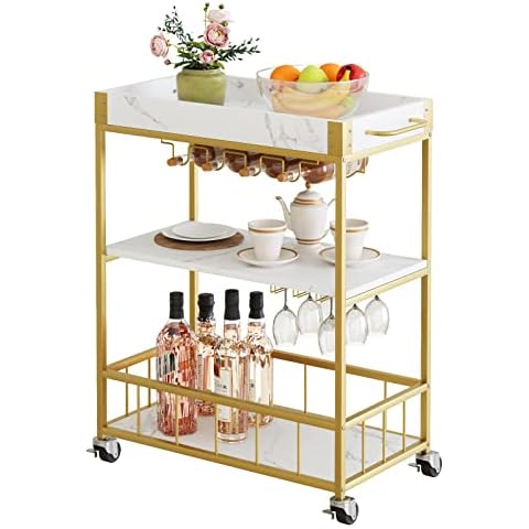 Fleecy day Bar Cart Gold,Bar Carts for The Home Mobile Bar Serving Cart, Drink Cart, Rolling Beverage Cart, Microwave Cart with Wine Rack and Glass Holder with Wheels and Metal Serving Trolley 34in Cover