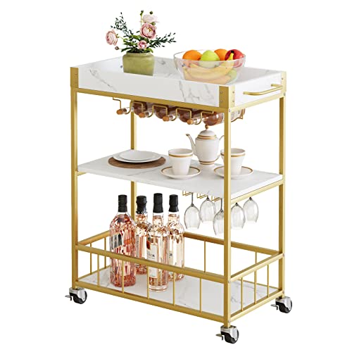 Bar Cart Gold Industrial Bar Carts For The Home, Mobile Bar Serving Cart, Drink Cart, Rolling Beverage Cart, Microwave Cart With Wine Rack And Glass Holder With Wheels And Metal Serving Trolley 34In #TOP9