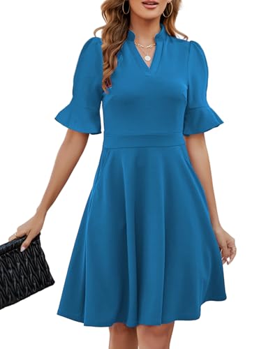 Image of Mokayee Womens Summer V Neck Ruffle Short Sleeve Fit and Flare Knee Length Church Wedding Guest Dresses with Pockets