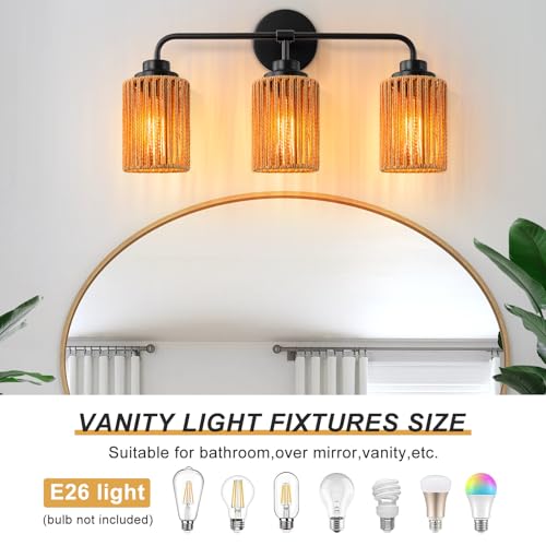 Image of 3-Light Bathroom Vanity Light Fixtures, Rattan Bathroom Lighting Fixtures Over Mirror with Wicker Lampshades, Boho Rustic Style Wall Sconce for Living Room, Bedroom
