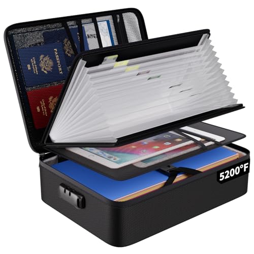 ENGPOW Bolsa Organizadora de Arquivos À Prova de Fogo de 5200 ℉ com Pasta de Arquivo Acordeão de 13 Bolsos, Caixa Organizadora de Documentos com Trava e Etiquetas, Caixa de Armazenamento Segura para V